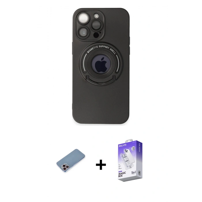 MARSİLYAN™- iPhone 13 Pro Max Kılıf Eksen Klasik Prime - Siyah Bilvis 5in1 3D Magic Cam Ekran Koruyucu + Pembe Shine Kamera Lens Koruma Cam