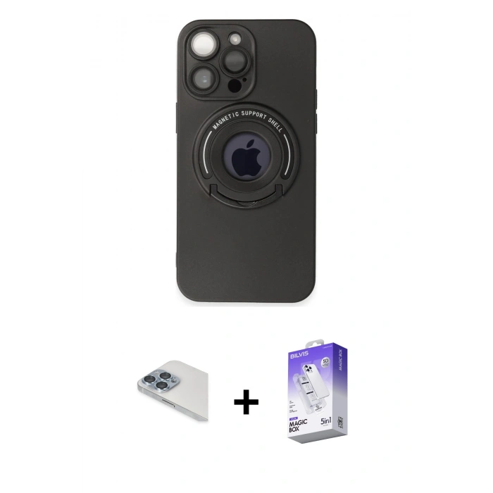 MARSİLYAN™- iPhone 13 Pro Max Kılıf Eksen Klasik Prime - Siyah Bilvis 5in1 3D Magic Cam Ekran Koruyucu + Pers Alüminyum Kamera Lens - SABE