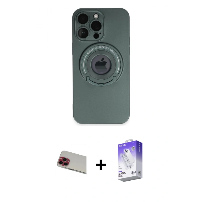 MARSİLYAN™- iPhone 13 Pro Max Kılıf Eksen Klasik Prime - Siyah Bilvis 5in1 3D Magic Cam Ekran Koruyucu + Rainbow Kamera Lens Koruma Cam - KI
