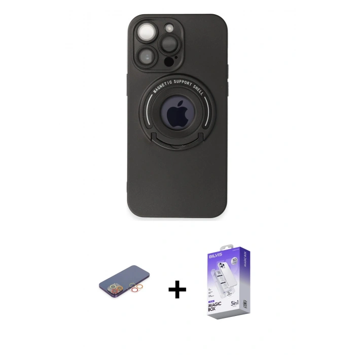 MARSİLYAN™- iPhone 13 Pro Max Kılıf Eksen Klasik Prime - Siyah Bilvis 5in1 3D Magic Cam Ekran Koruyucu + Renkli Kamera Lens Koruma Cam - TU