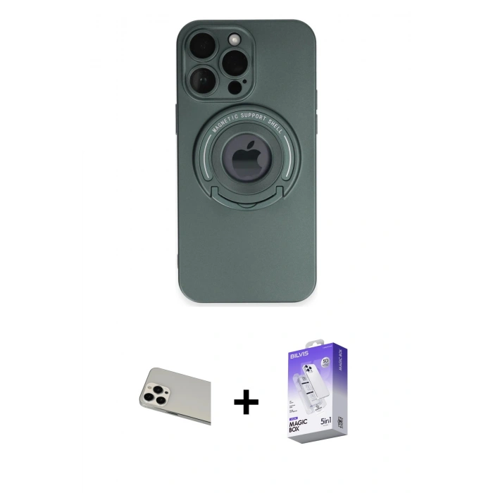 MARSİLYAN™- iPhone 13 Pro Max Kılıf Eksen Klasik Prime - Siyah Bilvis 5in1 3D Magic Cam Ekran Koruyucu + Rainbow Kamera Lens Koruma Cam - BZ