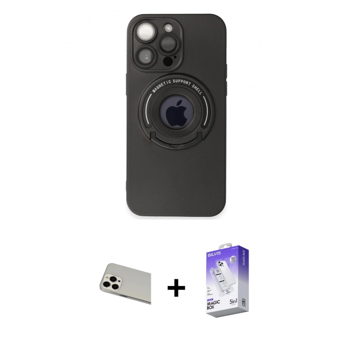 MARSİLYAN™- iPhone 13 Pro Max Kılıf Eksen Klasik Prime - Siyah Bilvis 5in1 3D Magic Cam Ekran Koruyucu + Rainbow Kamera Lens Koruma Cam - BZ