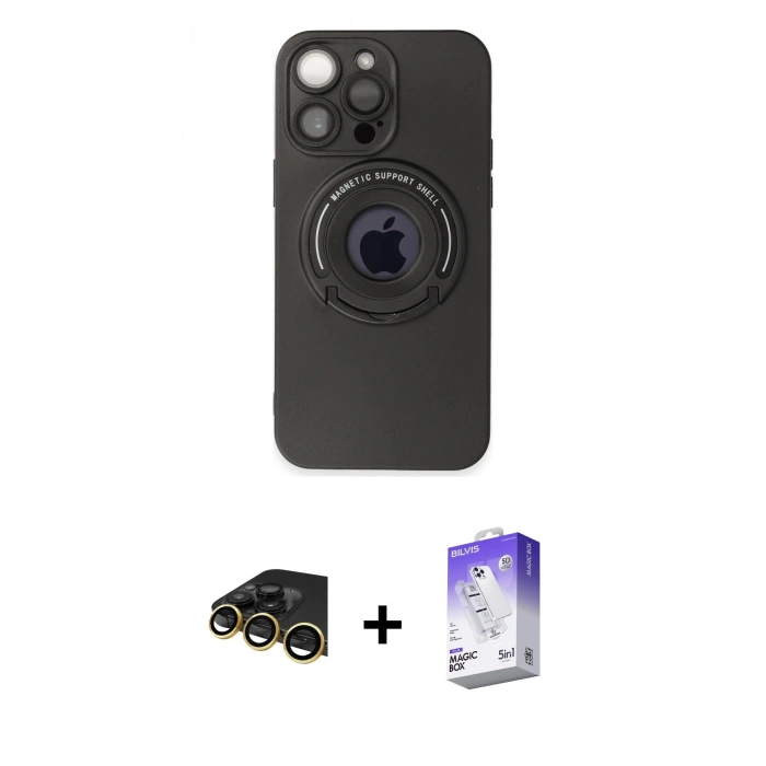 MARSİLYAN™- iPhone 13 Pro Max Kılıf Eksen Klasik Prime - Siyah Bilvis 5in1 3D Magic Cam Ekran Koruyucu + Raze Metal Kamera Lens - GD