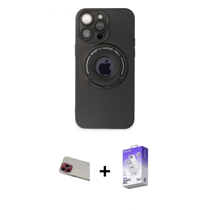 MARSİLYAN™- iPhone 13 Pro Max Kılıf Eksen Klasik Prime - Siyah Bilvis 5in1 3D Magic Cam Ekran Koruyucu + Rainbow Kamera Lens Koruma Cam - KI