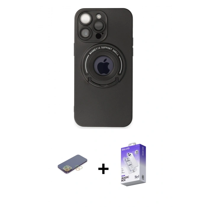 MARSİLYAN™- iPhone 13 Pro Max Kılıf Eksen Klasik Prime - Siyah Bilvis 5in1 3D Magic Cam Ekran Koruyucu + Renkli Kamera Lens Koruma Cam - SI