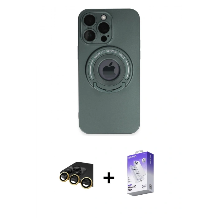 MARSİLYAN™- iPhone 13 Pro Max Kılıf Eksen Klasik Prime - Siyah Bilvis 5in1 3D Magic Cam Ekran Koruyucu + Raze Metal Kamera Lens - GD