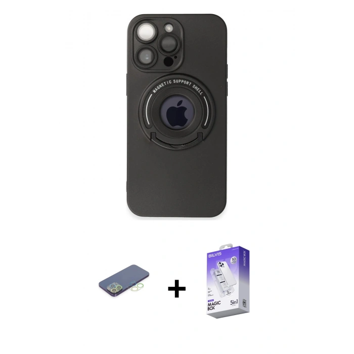 MARSİLYAN™- iPhone 13 Pro Max Kılıf Eksen Klasik Prime - Siyah Bilvis 5in1 3D Magic Cam Ekran Koruyucu + Yeşil Renkli Kamera Lens Koruma Cam