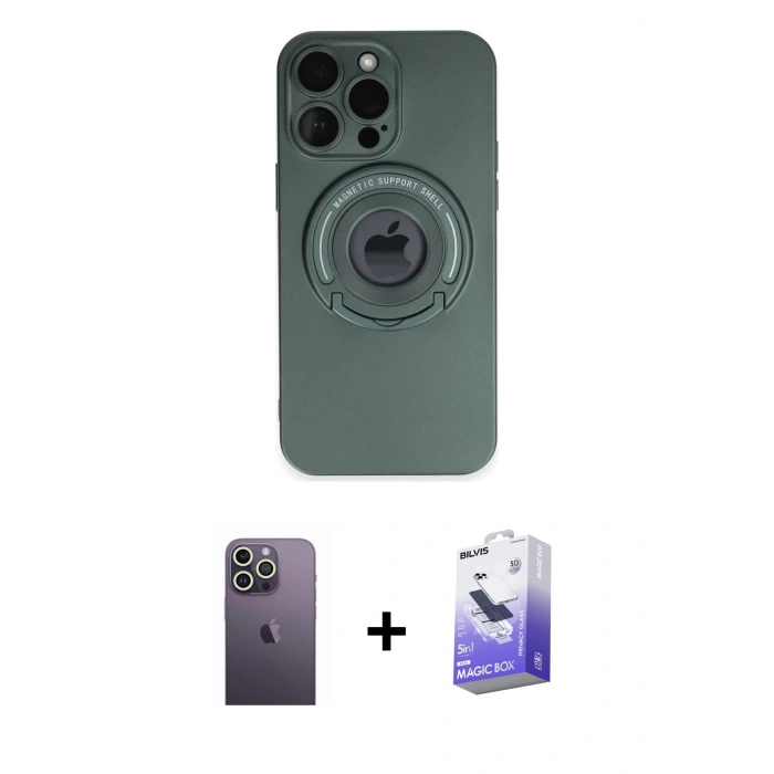 MARSİLYAN™- iPhone 13 Pro Max Kılıf Eksen Klasik Prime - Siyah Bilvis 5in1 5D Magic Hayalet Cam Ekran Koruyucu + Neon Fosforlu Kamera Lens - BZ