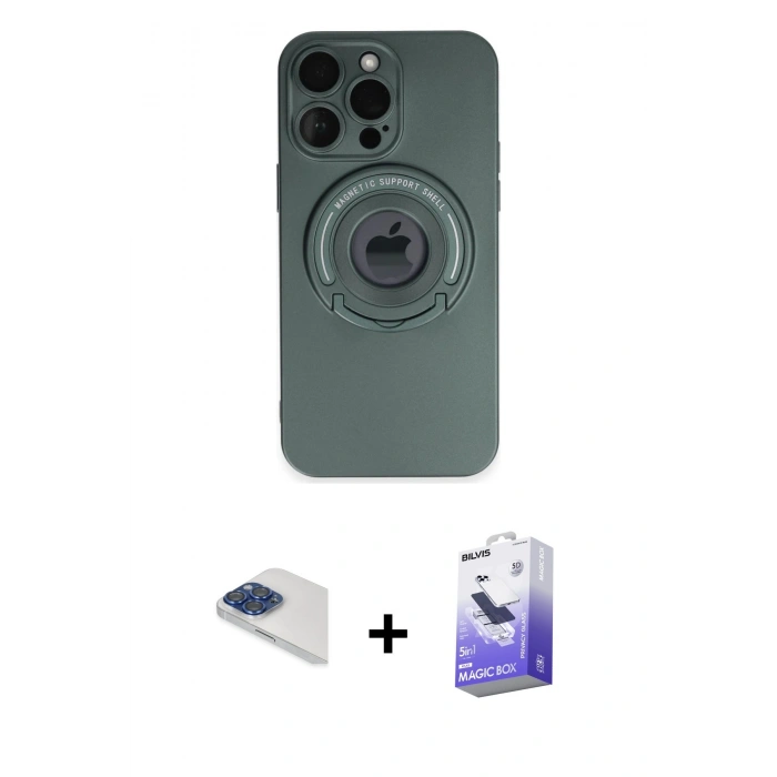 MARSİLYAN™- iPhone 13 Pro Max Kılıf Eksen Klasik Prime - Siyah Bilvis 5in1 5D Magic Hayalet Cam Ekran Koruyucu + Pers Alüminyum Kamera Lens - LT