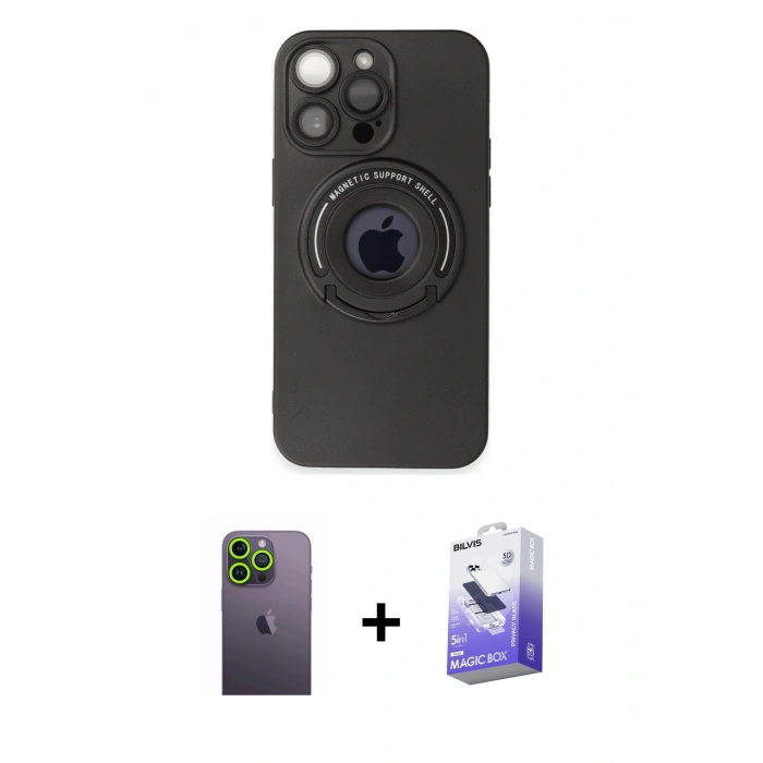 MARSİLYAN™- iPhone 13 Pro Max Kılıf Eksen Klasik Prime - Siyah Bilvis 5in1 5D Magic Hayalet Cam Ekran Koruyucu + Yeşil Neon Fosforlu Kamera Lens