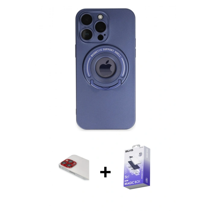 MARSİLYAN™- iPhone 13 Pro Max Kılıf Eksen Klasik Prime - Siyah Bilvis 5in1 5D Magic Hayalet Cam Ekran Koruyucu + Kırmızı Pers Alüminyum Kamera Lens