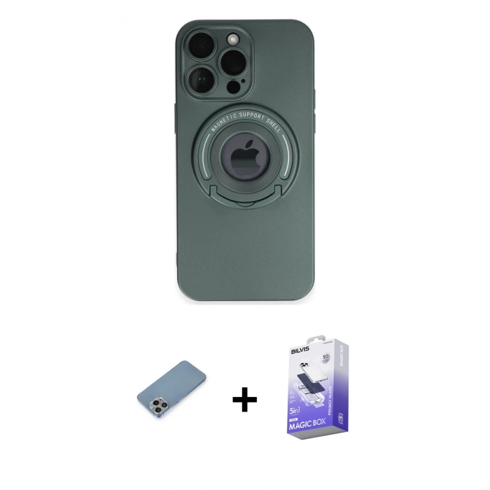 MARSİLYAN™- iPhone 13 Pro Max Kılıf Eksen Klasik Prime - Siyah Bilvis 5in1 5D Magic Hayalet Cam Ekran Koruyucu + Gökkuşağı Shine Kamera Lens Koruma Cam