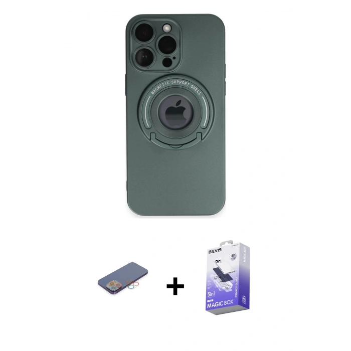 MARSİLYAN™- iPhone 13 Pro Max Kılıf Eksen Klasik Prime - Siyah Bilvis 5in1 5D Magic Hayalet Cam Ekran Koruyucu + Renkli Kamera Lens Koruma Cam - PE