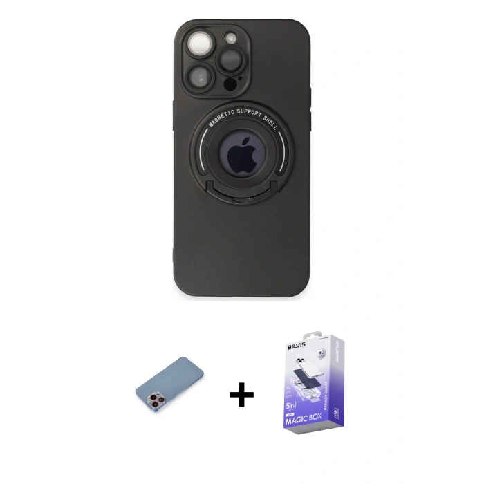 MARSİLYAN™- iPhone 13 Pro Max Kılıf Eksen Klasik Prime - Siyah Bilvis 5in1 5D Magic Hayalet Cam Ekran Koruyucu + Shine Kamera Lens Koruma Cam - PE