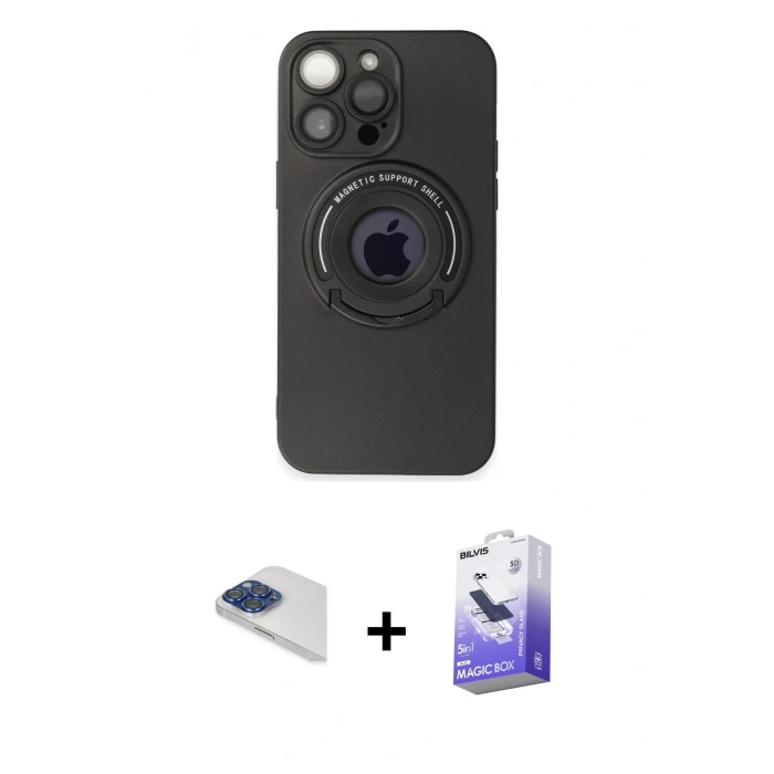 MARSİLYAN™- iPhone 13 Pro Max Kılıf Eksen Klasik Prime - Siyah Bilvis 5in1 5D Magic Hayalet Cam Ekran Koruyucu + Pers Alüminyum Kamera Lens - LT