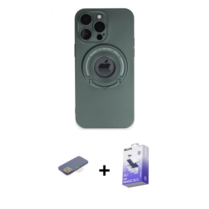 MARSİLYAN™- iPhone 13 Pro Max Kılıf Eksen Klasik Prime - Siyah Bilvis 5in1 5D Magic Hayalet Cam Ekran Koruyucu + Renkli Kamera Lens Koruma Cam - SI