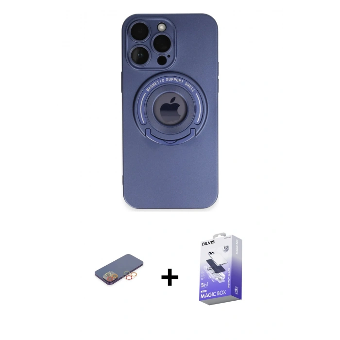 MARSİLYAN™- iPhone 13 Pro Max Kılıf Eksen Klasik Prime - Siyah Bilvis 5in1 5D Magic Hayalet Cam Ekran Koruyucu + Renkli Kamera Lens Koruma Cam - TU