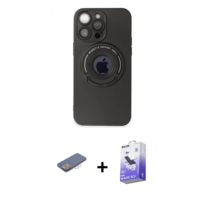 MARSİLYAN™- iPhone 13 Pro Max Kılıf Eksen Klasik Prime - Siyah Bilvis 5in1 5D Magic Hayalet Cam Ekran Koruyucu + Renkli Kamera Lens Koruma Cam - PE