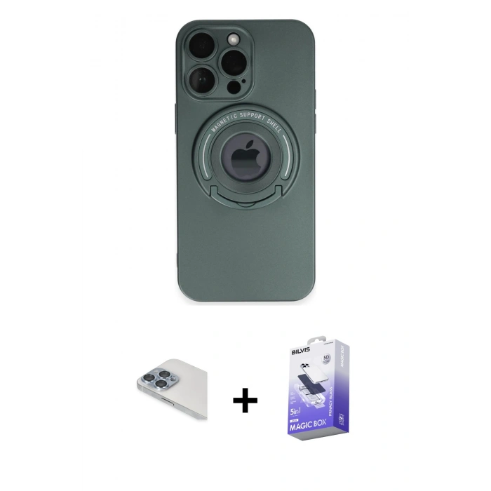 MARSİLYAN™- iPhone 13 Pro Max Kılıf Eksen Klasik Prime - Siyah Bilvis 5in1 5D Magic Hayalet Cam Ekran Koruyucu + Pers Alüminyum Kamera Lens - SABE