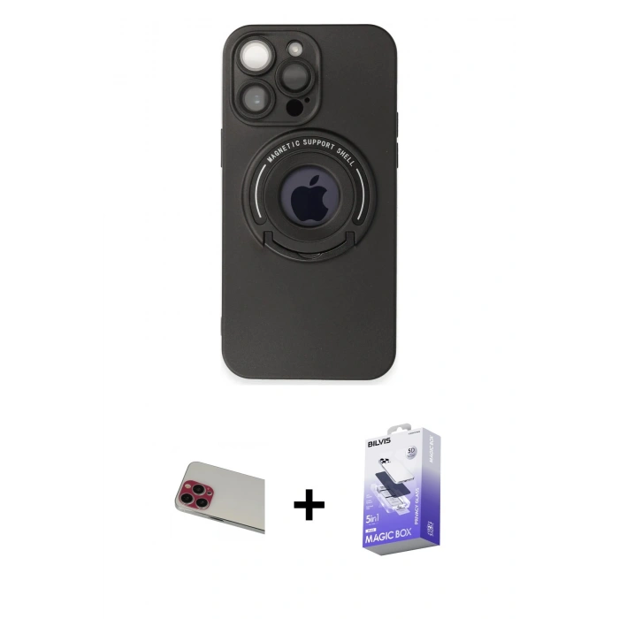 MARSİLYAN™- iPhone 13 Pro Max Kılıf Eksen Klasik Prime - Siyah Bilvis 5in1 5D Magic Hayalet Cam Ekran Koruyucu + Kırmızı Rainbow Kamera Lens Koruma Cam