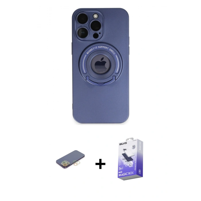 MARSİLYAN™- iPhone 13 Pro Max Kılıf Eksen Klasik Prime - Siyah Bilvis 5in1 5D Magic Hayalet Cam Ekran Koruyucu + Renkli Kamera Lens Koruma Cam - SI