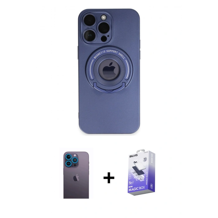 MARSİLYAN™- iPhone 13 Pro Max Kılıf Eksen Klasik Prime - Siyah Bilvis 5in1 5D Magic Hayalet Cam Ekran Koruyucu + Neon Fosforlu Kamera Lens - MI