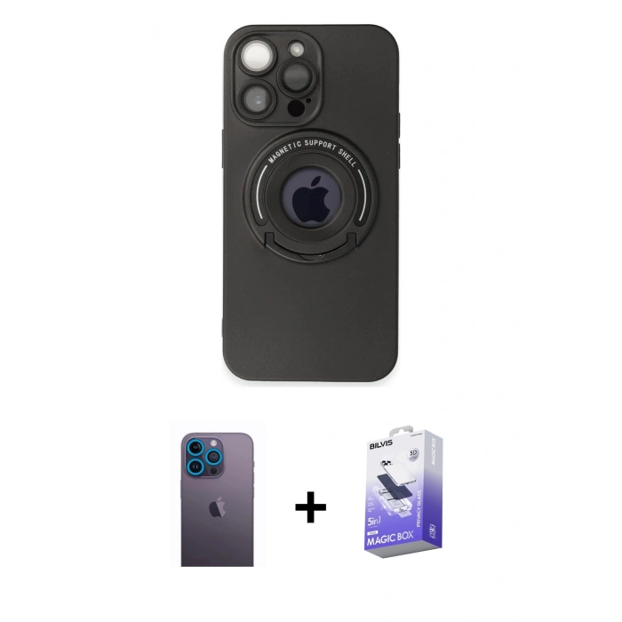 MARSİLYAN™- iPhone 13 Pro Max Kılıf Eksen Klasik Prime - Siyah Bilvis 5in1 5D Magic Hayalet Cam Ekran Koruyucu + Neon Fosforlu Kamera Lens - MI