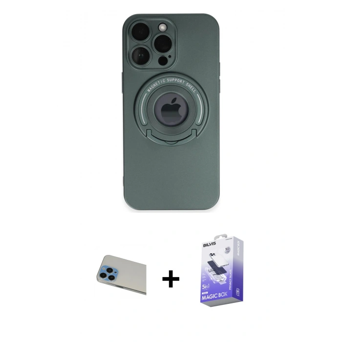 MARSİLYAN™- iPhone 13 Pro Max Kılıf Eksen Klasik Prime - Siyah Bilvis 5in1 5D Magic Hayalet Cam Ekran Koruyucu + Rainbow Kamera Lens Koruma Cam - MI