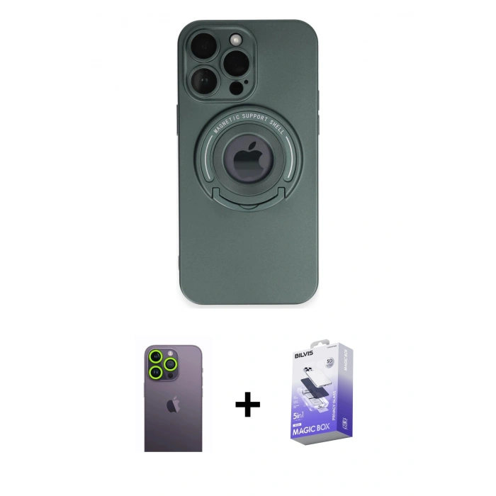 MARSİLYAN™- iPhone 13 Pro Max Kılıf Eksen Klasik Prime - Siyah Bilvis 5in1 5D Magic Hayalet Cam Ekran Koruyucu + Yeşil Neon Fosforlu Kamera Lens