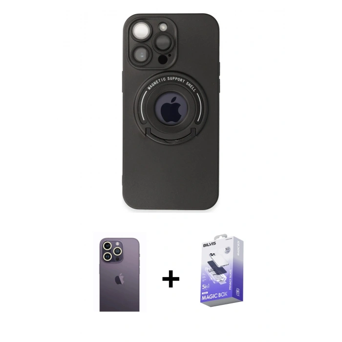 MARSİLYAN™- iPhone 13 Pro Max Kılıf Eksen Klasik Prime - Siyah Bilvis 5in1 5D Magic Hayalet Cam Ekran Koruyucu + Neon Fosforlu Kamera Lens - BZ