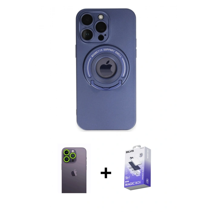 MARSİLYAN™- iPhone 13 Pro Max Kılıf Eksen Klasik Prime - Siyah Bilvis 5in1 5D Magic Hayalet Cam Ekran Koruyucu + Yeşil Neon Fosforlu Kamera Lens