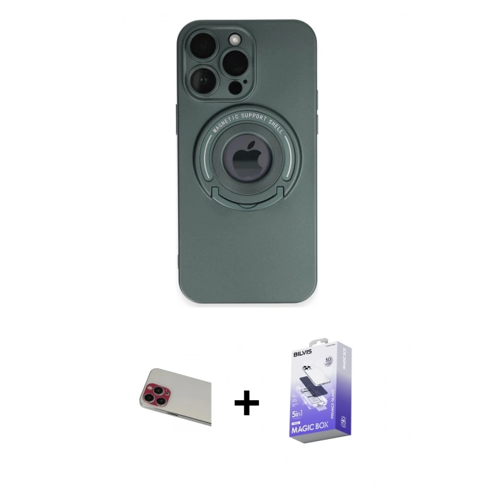 MARSİLYAN™- iPhone 13 Pro Max Kılıf Eksen Klasik Prime - Siyah Bilvis 5in1 5D Magic Hayalet Cam Ekran Koruyucu + Kırmızı Rainbow Kamera Lens Koruma Cam