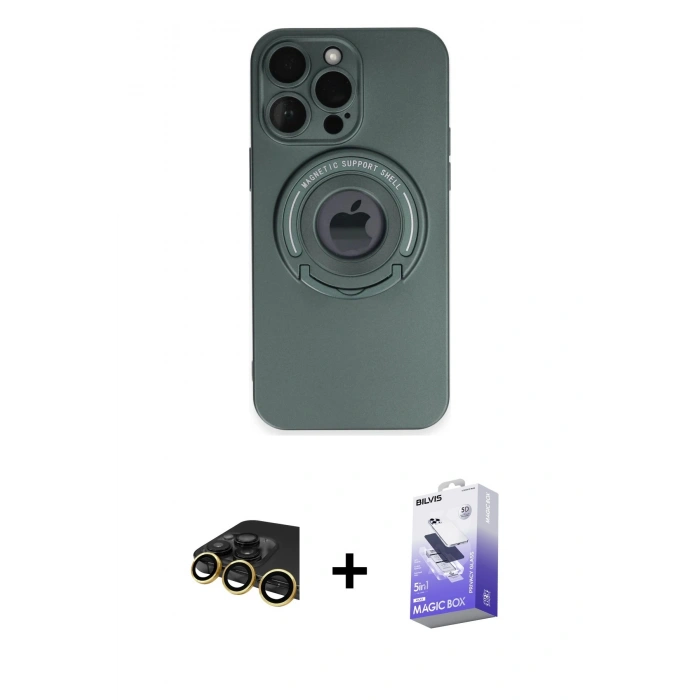 MARSİLYAN™- iPhone 13 Pro Max Kılıf Eksen Klasik Prime - Siyah Bilvis 5in1 5D Magic Hayalet Cam Ekran Koruyucu + Raze Metal Kamera Lens - GD