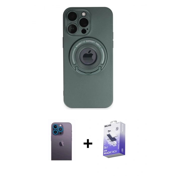 MARSİLYAN™- iPhone 13 Pro Max Kılıf Eksen Klasik Prime - Siyah Bilvis 5in1 5D Magic Hayalet Cam Ekran Koruyucu + Neon Fosforlu Kamera Lens - MI