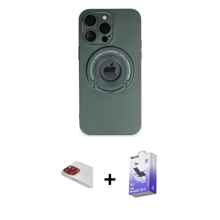 MARSİLYAN™- iPhone 13 Pro Max Kılıf Eksen Klasik Prime - Siyah Bilvis 5in1 5D Magic Hayalet Cam Ekran Koruyucu + Kırmızı Pers Alüminyum Kamera Lens