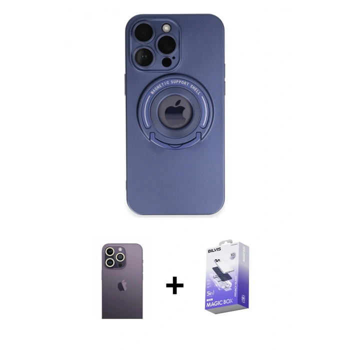 MARSİLYAN™- iPhone 13 Pro Max Kılıf Eksen Klasik Prime - Siyah Bilvis 5in1 5D Magic Hayalet Cam Ekran Koruyucu + Neon Fosforlu Kamera Lens - BZ