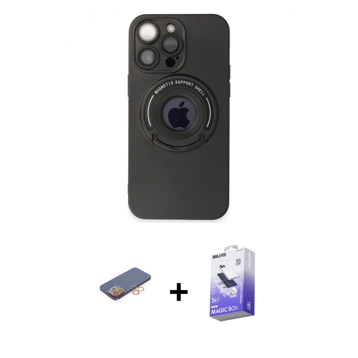 MARSİLYAN™- iPhone 13 Pro Max Kılıf Eksen Klasik Prime - Siyah Bilvis 5in1 5D Magic Hayalet Cam Ekran Koruyucu + Renkli Kamera Lens Koruma Cam - TU