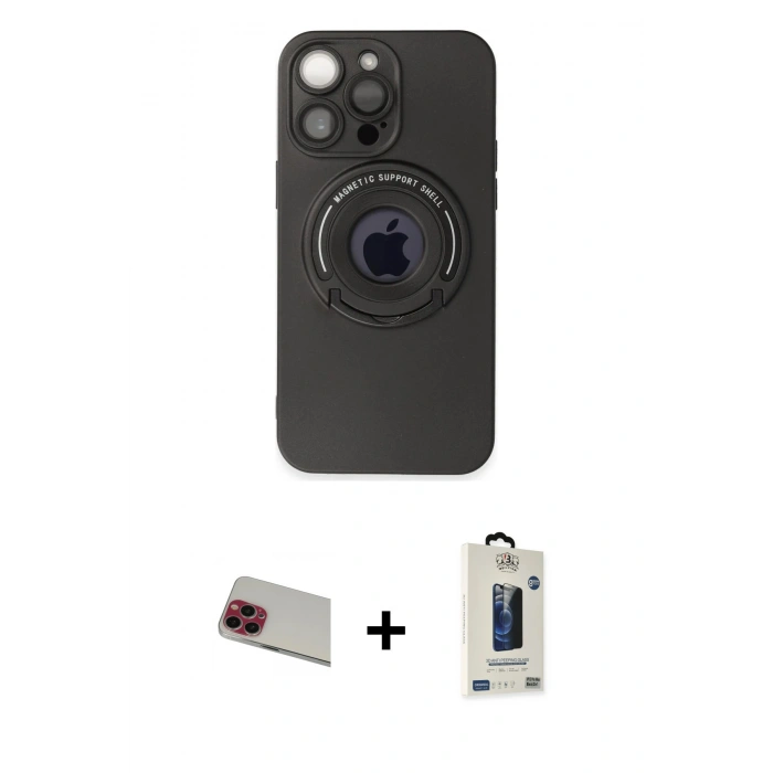 MARSİLYAN™- iPhone 13 Pro Max Kılıf Eksen Klasik Prime - Siyah Bilvis Hayalet Cam Ekran Koruyucu + Kırmızı Rainbow Kamera Lens Koruma Cam