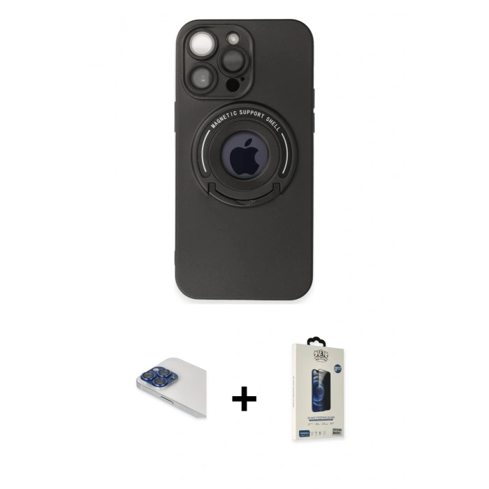 MARSİLYAN™- iPhone 13 Pro Max Kılıf Eksen Klasik Prime - Siyah Bilvis Hayalet Cam Ekran Koruyucu + Pers Alüminyum Kamera Lens - LT
