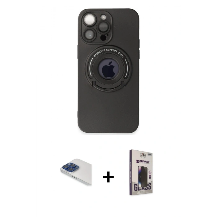 MARSİLYAN™- iPhone 13 Pro Max Kılıf Eksen Klasik Prime - Siyah Bilvis Hayalet Cam Ekran Koruyucu + Pers Alüminyum Kamera Lens - LT