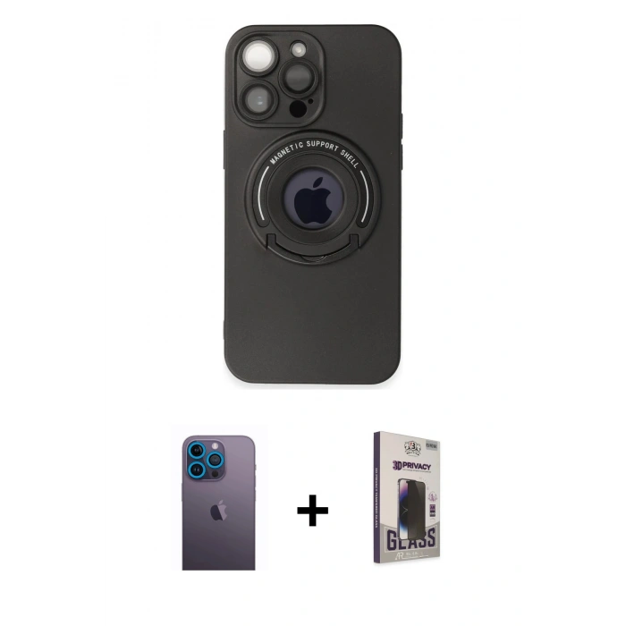 MARSİLYAN™- iPhone 13 Pro Max Kılıf Eksen Klasik Prime - Siyah Bilvis Hayalet Cam Ekran Koruyucu + Neon Fosforlu Kamera Lens - MI