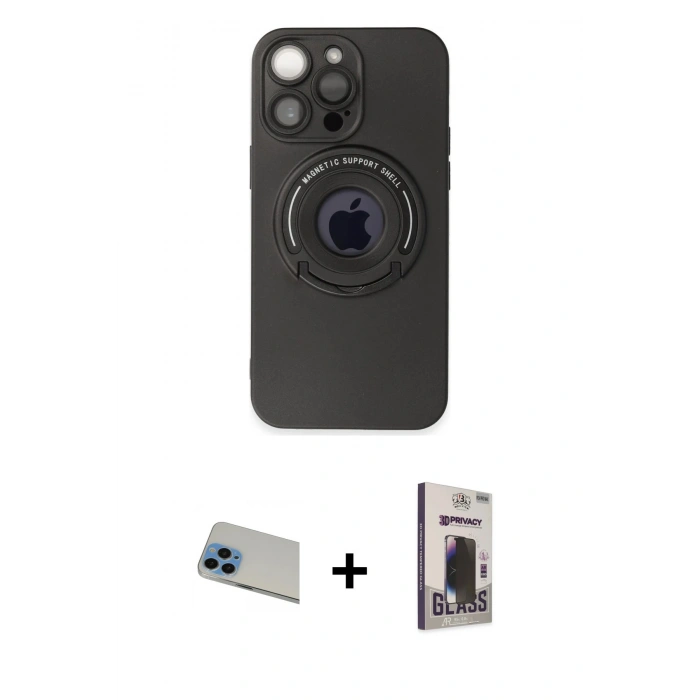 MARSİLYAN™- iPhone 13 Pro Max Kılıf Eksen Klasik Prime - Siyah Bilvis Hayalet Cam Ekran Koruyucu + Rainbow Kamera Lens Koruma Cam - MI