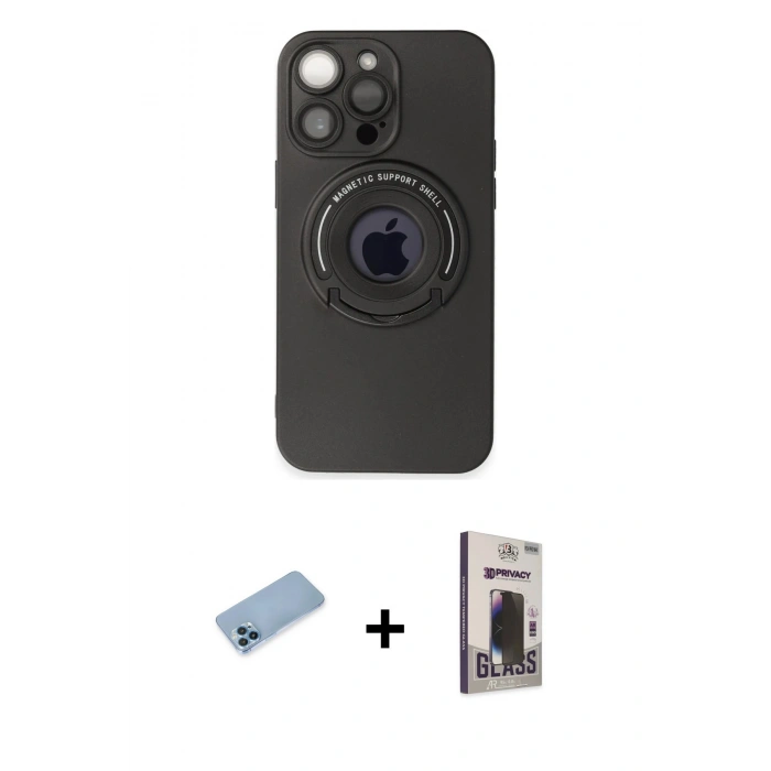MARSİLYAN™- iPhone 13 Pro Max Kılıf Eksen Klasik Prime - Siyah Bilvis Hayalet Cam Ekran Koruyucu + Shine Kamera Lens Koruma Cam - MI