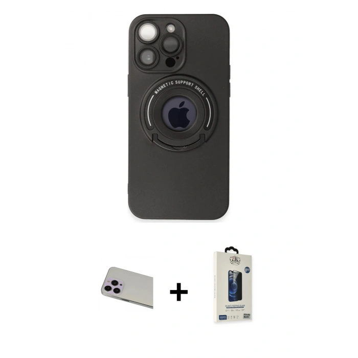 MARSİLYAN™- iPhone 13 Pro Max Kılıf Eksen Klasik Prime - Siyah Bilvis Hayalet Cam Ekran Koruyucu + Rainbow Kamera Lens Koruma Cam - MR