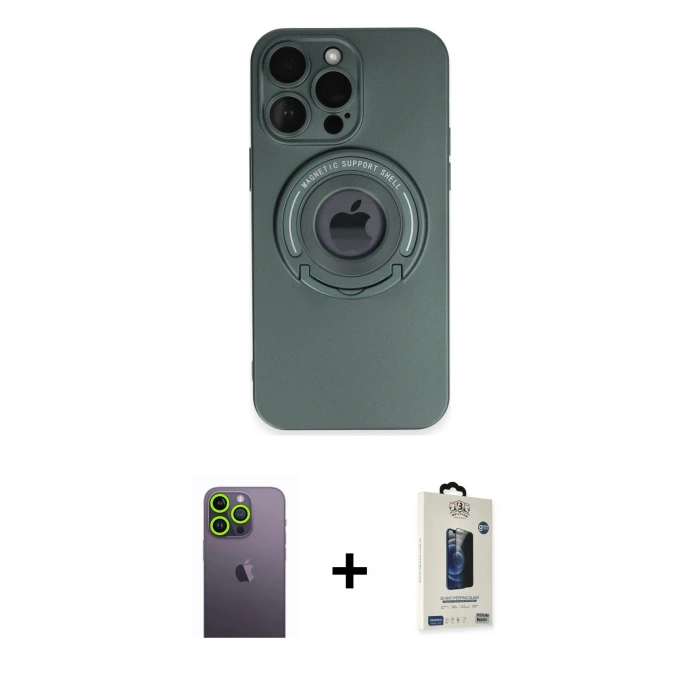 MARSİLYAN™- iPhone 13 Pro Max Kılıf Eksen Klasik Prime - Siyah Bilvis Hayalet Cam Ekran Koruyucu + Neon Fosforlu Kamera Lens - YL