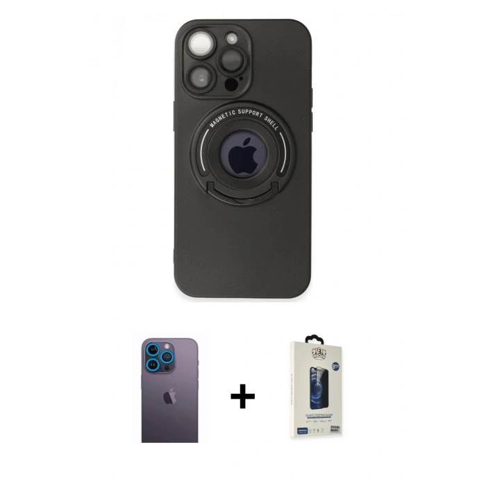 MARSİLYAN™- iPhone 13 Pro Max Kılıf Eksen Klasik Prime - Siyah Bilvis Hayalet Cam Ekran Koruyucu + Neon Fosforlu Kamera Lens - MI