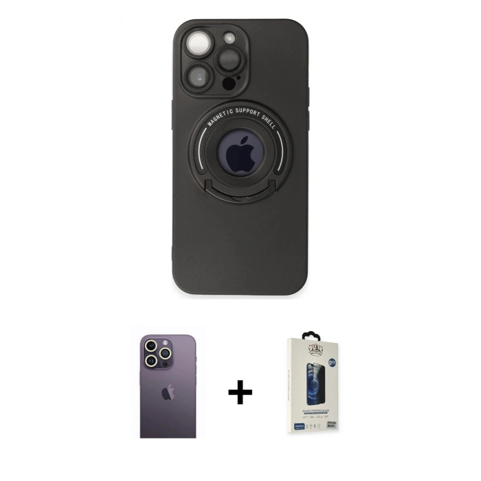 MARSİLYAN™- iPhone 13 Pro Max Kılıf Eksen Klasik Prime - Siyah Bilvis Hayalet Cam Ekran Koruyucu + Neon Fosforlu Kamera Lens - BZ