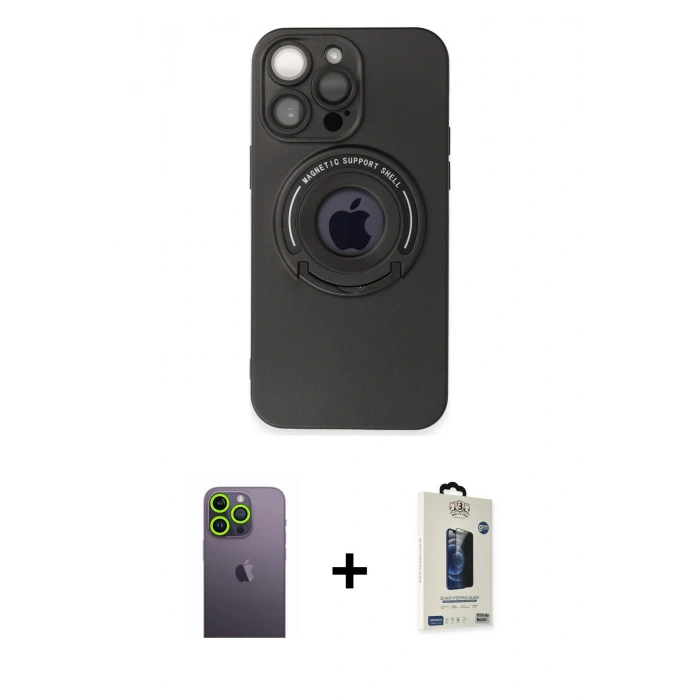 MARSİLYAN™- iPhone 13 Pro Max Kılıf Eksen Klasik Prime - Siyah Bilvis Hayalet Cam Ekran Koruyucu + Neon Fosforlu Kamera Lens - YL