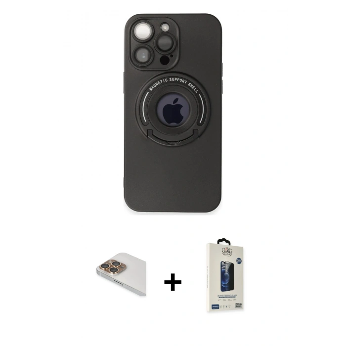 MARSİLYAN™- iPhone 13 Pro Max Kılıf Eksen Klasik Prime - Siyah Bilvis Hayalet Cam Ekran Koruyucu + Pers Alüminyum Kamera Lens - GD