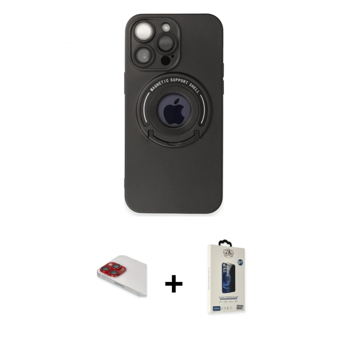 MARSİLYAN™- iPhone 13 Pro Max Kılıf Eksen Klasik Prime - Siyah Bilvis Hayalet Cam Ekran Koruyucu + Pers Alüminyum Kamera Lens - KI